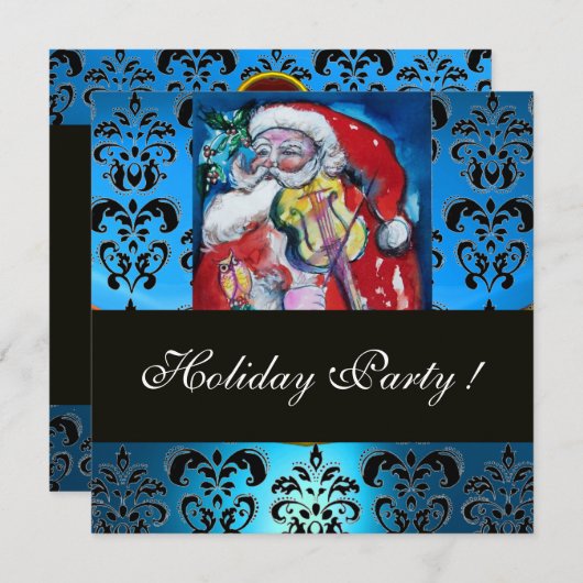 SANTA MET VIOLIN, BLAUW ZWARTE DAMASK MONOGRAM Rub Kaart (Voorkant / Achterkant)