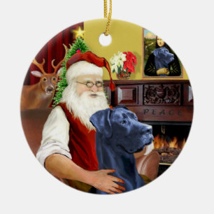 Santa met zijn Blauwe Grote Deen (natuurlijke oren Keramisch Ornament