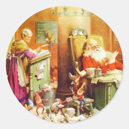 Santa & Mrs Claus & de Elfen Bekijk zijn lijst Ronde Sticker (Voorkant)