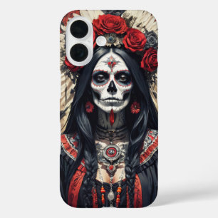 Santa Muerte versierd met rode bloemen bedekking iPhone 16 Hoesje