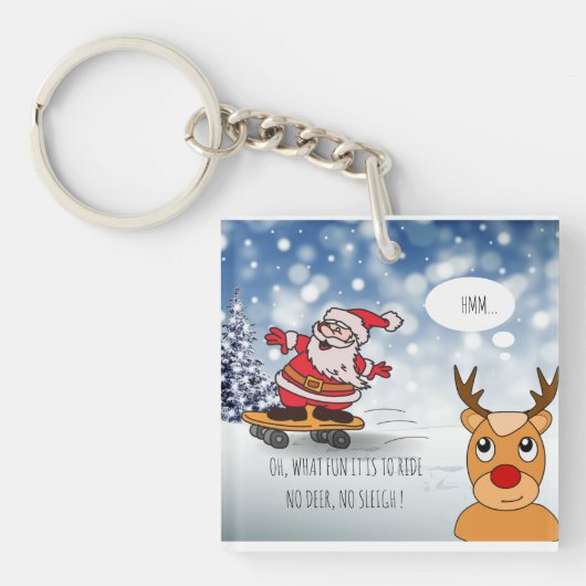 Santa on skateboard grappige rendierslee winter sleutelhanger (voorkant)