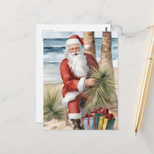 Santa op het strand briefkaart (Voorkant / Achterkant in situ)