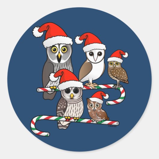 Santa Owls Ronde Sticker (Voorkant)