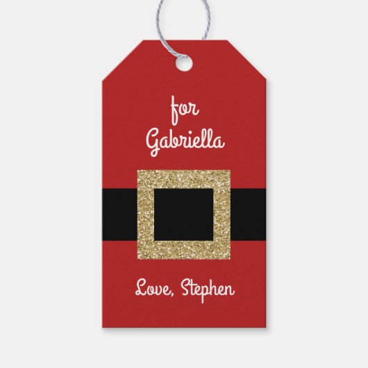 Santa pak gouden riem gepersonaliseerde kerst cadeaulabel (Voorkant)
