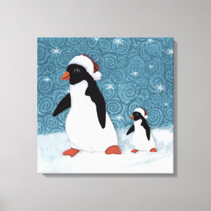 Santa Penguins Stretched Canvas Afdrukken