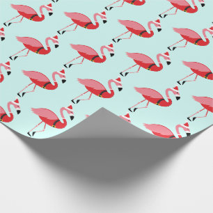 Santa Pink Flamingo Blue Kerstmis Patroon Cadeaupapier