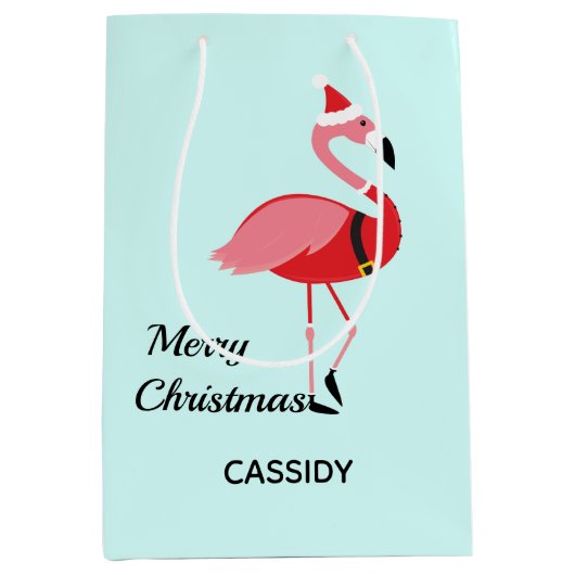 Santa Pink Flamingo Name Animal Blue Kerstmis Medium Cadeauzakje (Voorkant)