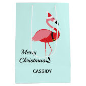 Santa Pink Flamingo Name Animal Blue Kerstmis Medium Cadeauzakje (Achterkant)