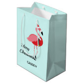 Santa Pink Flamingo Name Animal Blue Kerstmis Medium Cadeauzakje (Achterkant Gekanteld)