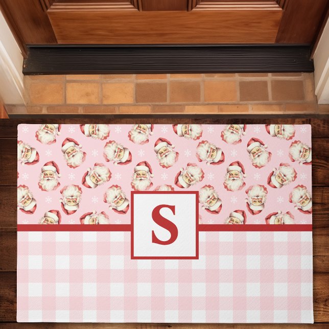  Santa Pink Gingham Monogrammed Christmas Deurmat (Creator heeft geüpload)