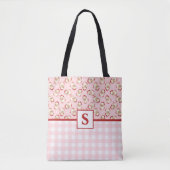  Santa Pink Gingham Monogrammed Christmas Draagtas (Voorkant)