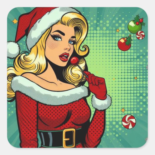 Santa Pinup: Pop Art Glam Vierkante Sticker (Voorkant)