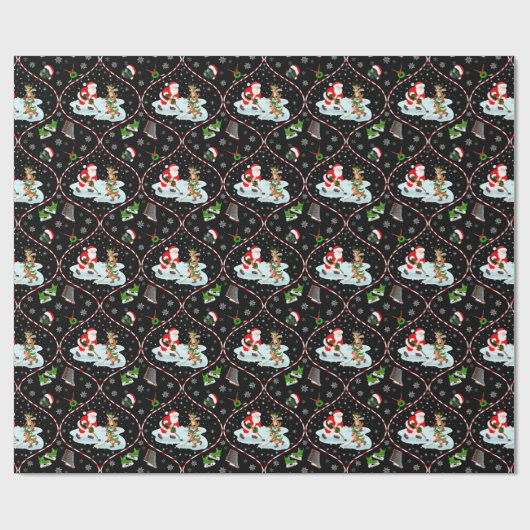 Santa Playing Ice Hockey Christmas Pattern Black Cadeaupapier (Vlak)