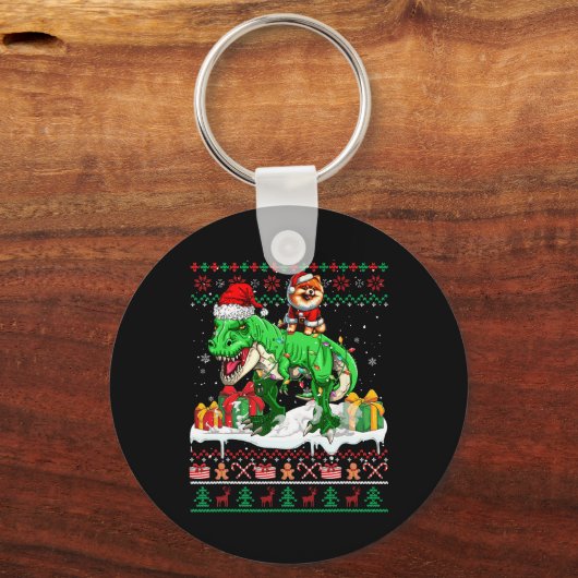 Santa Pommeranian Riding T-rex Kersttrui Lo Sleutelhanger (Voorkant)