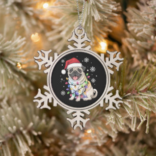 Santa Pug Christmas Lights Xmas Hondenliefhebber Tin Sneeuwvlok Ornament