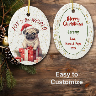Santa Pug Dog Gift Box Vreugde aan de Wereld Vakan Keramisch Ornament