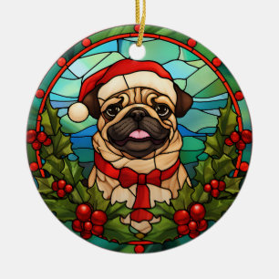 Santa Pug Hond Holly Berry krans Kerstmis Keramisch Ornament