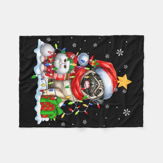 Santa Pug Met Elf Cat Kerstverlichting Eigenaar Ki Fleece Deken (Voorkant (Horizontaal))