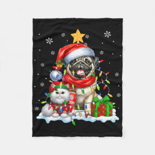 Santa Pug Met Elf Cat Kerstverlichting Eigenaar Ki Fleece Deken