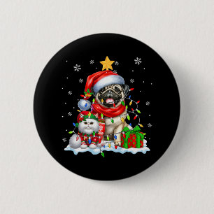 Santa Pug Met Elf Cat Kerstverlichting Eigenaar Ki Ronde Button 5,7 Cm