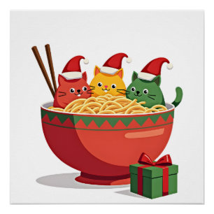 Santa Ramen Cats Anime Kerstmis Xmas Kinderen Meis Perfect Poster
