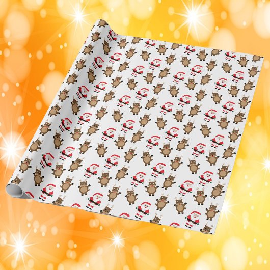 Santa Red Rendier Witte Achtergrond Patroon Cadeaupapier
