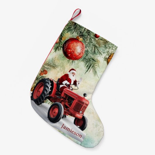 Santa Red Tractor Boerderij Kerst Kleine Kerstsok (Voorkant (Hangend))