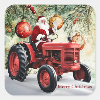 Santa Red Tractor Boerderij Kerst Vierkante Sticker