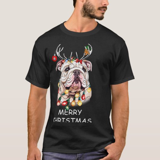 Santa Reindeer English Bulldog Dog Christmas Light T-shirt (Voorkant)