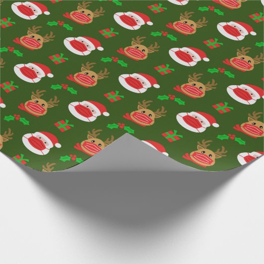 Santa Reindeer Face Mask Dark Green Kerstmis Cadeaupapier (Hoek)