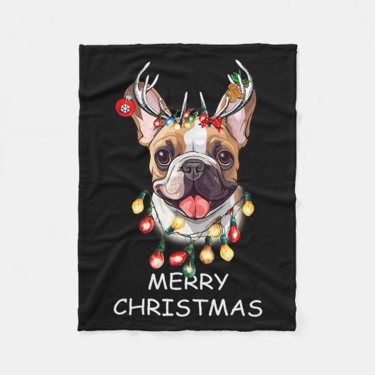Santa Reindeer French Bulldog Dog Christmas Lights Fleece Deken (Voorkant)