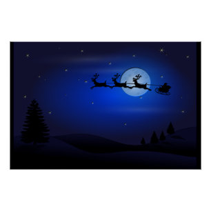 Santa Reindeer over maan in blauw Perfect Poster