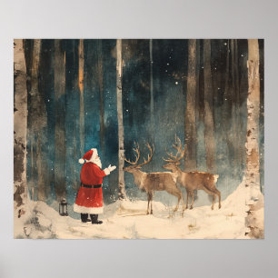 Santa Reinder Vintage Christmas Poster