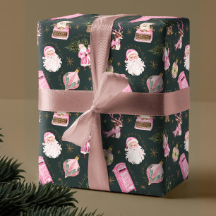  Santa Retro Roze Kerst Custom Monogram Cadeaupapier