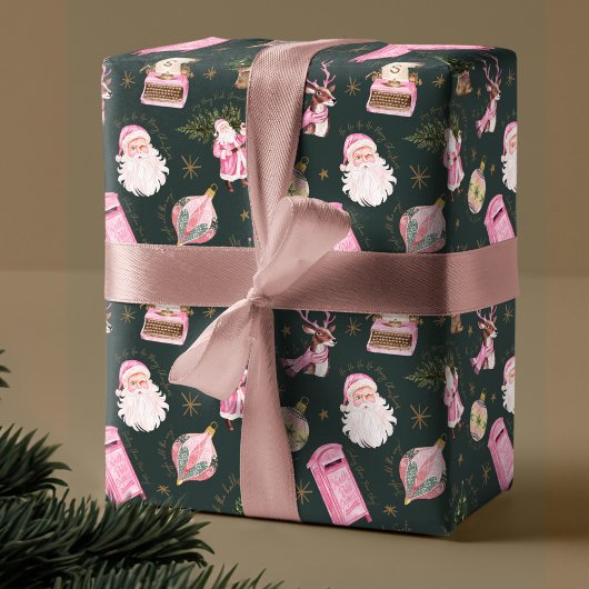  Santa Retro Roze Kerst Custom Monogram Cadeaupapier