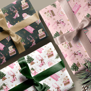  Santa Retro Roze Kerst Custom Monogram Inpakpapier Vel