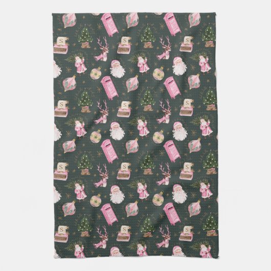 Santa Retro Roze Kerst Custom Monogram Theedoek (Verticaal)