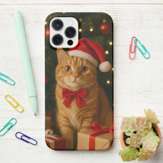 Santa Ribbon Cat iPhone 12 Pro Max Case iPhone Hoesje (Op bureau)