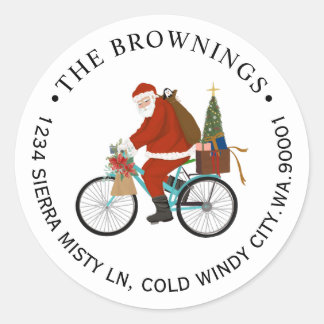 Santa Riding a Bike Kerstfeestdag Adres Ronde Sticker