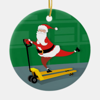 Santa Riding a Pallet Jack Keramisch Ornament