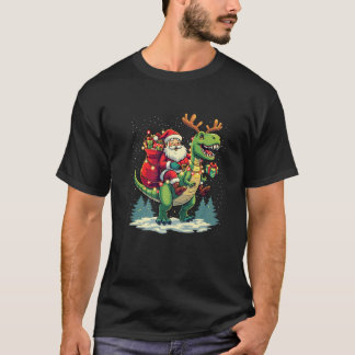 Santa Riding Dinosaur T rex Deer Xmas Lights pajam T-shirt