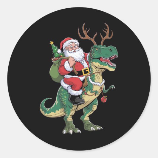 Santa Riding Dinosaur T-Rex Kerstmis Squad Ronde Sticker (Voorkant)
