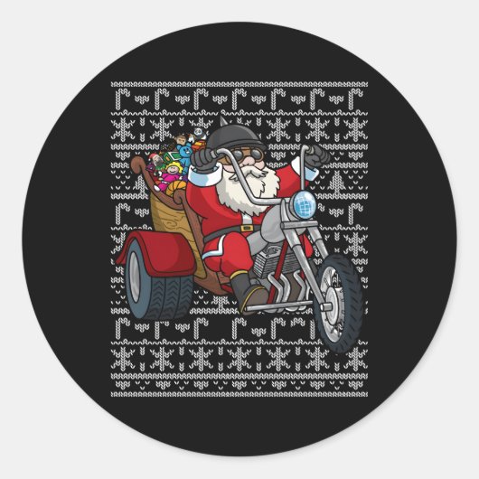 Santa Riding Motorcycle Lelijke Biker Motorfietsen Ronde Sticker (Voorkant)