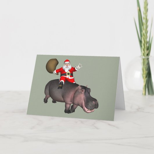 Santa Riding op Hippo Feestdagen Kaart (Voorkant)