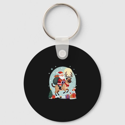 Santa Riding Reindeer Siamese Cat Christmas Tree L Sleutelhanger (Voorkant)
