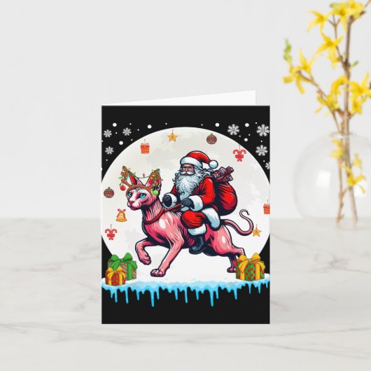 Santa Riding Reindeer Sphynx Cat Christmas Owner K Kaart (Gele Bloem)