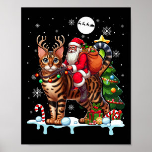 Santa Riding Rendier Bengal Cat Xmas Tree Colorfu Poster