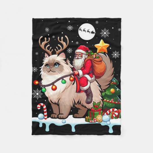 Santa Riding Rendier Himalayan Cat Xmas Tree Colo Fleece Deken (Voorkant)
