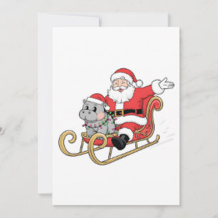 Santa Riding Sleigh met een Moo Deng Baby Hippo Kaart