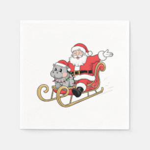 Santa Riding Sleigh met een Moo Deng Baby Hippo Servet